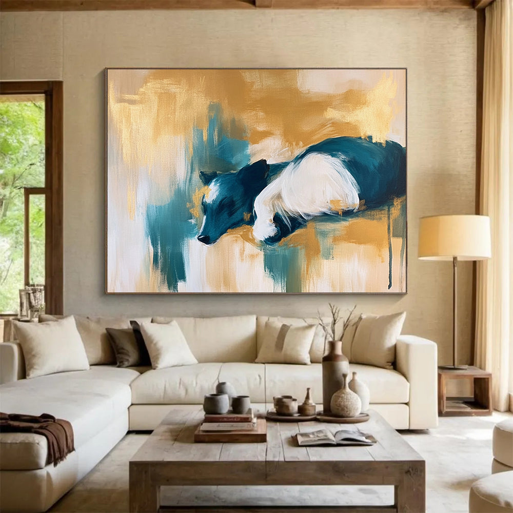 Gold, Teal, and White Dog Portrait - “Dreamy Pup” Painting On Canvas HB1454