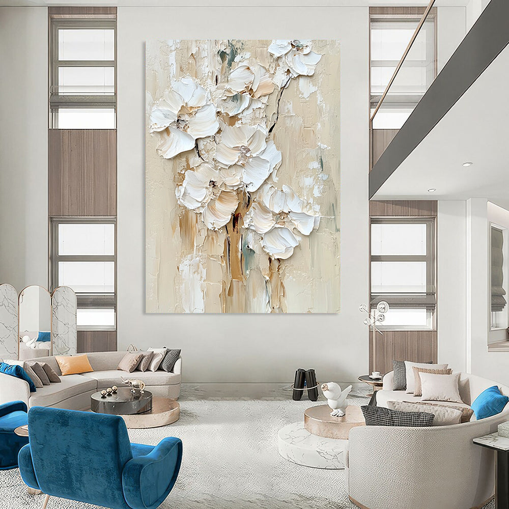 Contemporary large hand-painted abstract artwork featuring impasto white flowers in a soothing palette of neutral colors and tones. DLZ0672