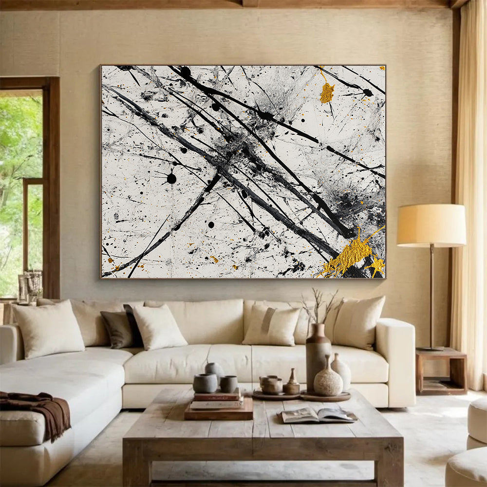 Black, White, Gray, Gold, Dynamic Drips "Starry Chaos" Abstract Pollock - Inspired Painting On Canvas HB064