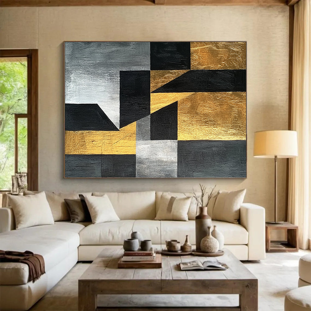 Black, Gray, Silver and Gold Geometric Abstraction "Elegant Geometry" Painting On Canvas HB372