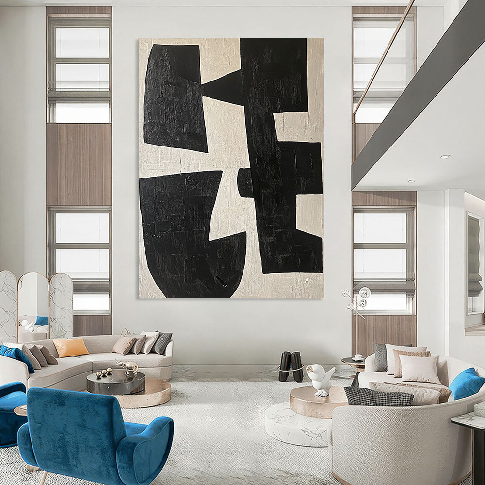 Large contemporary abstract painting featuring black and white shapes on a light beige background highlighting geometric forms and elegant movement. DLZ0509