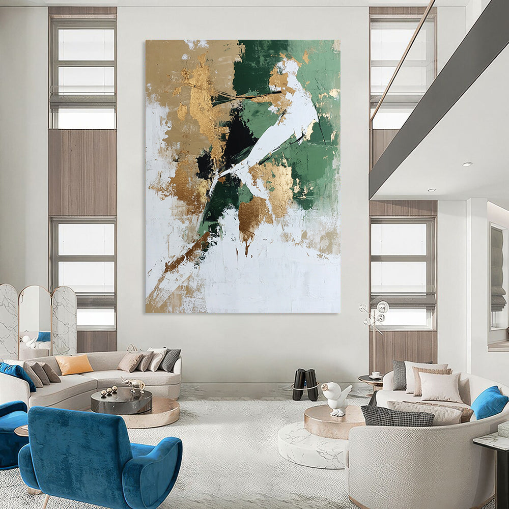 Large contemporary abstract painting featuring white and green tones with gold accents and a dynamic human figure crafted from natural elements. DLZ0780