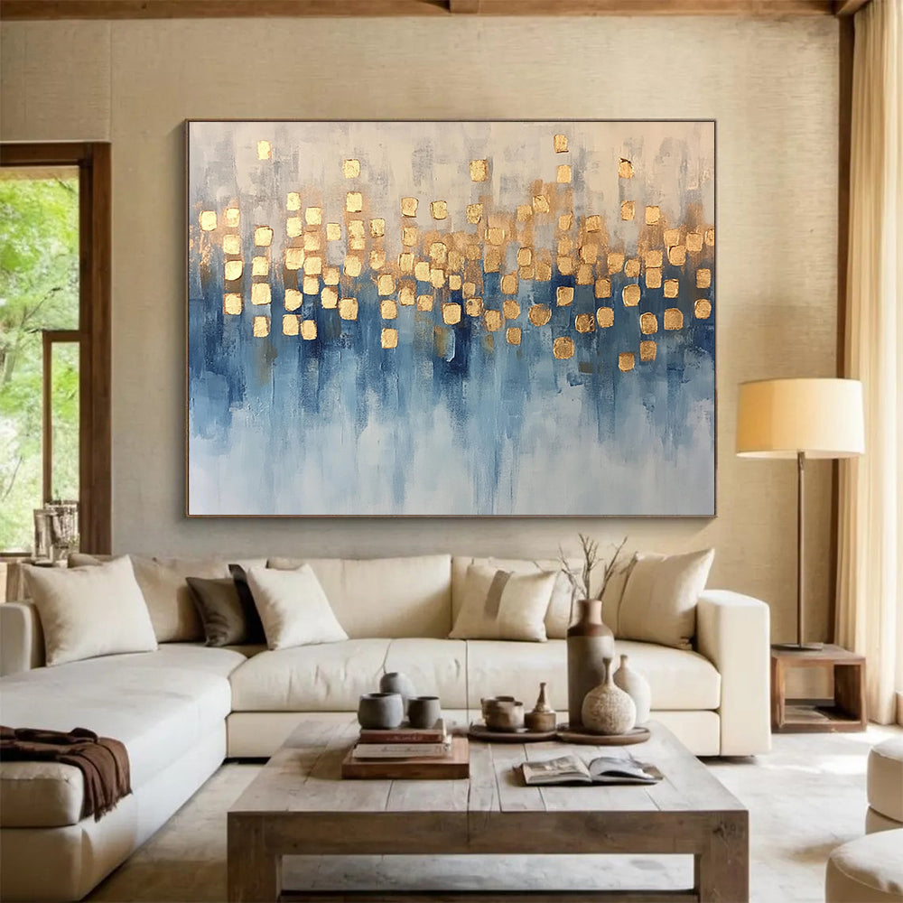 “Blue and Gold Dots” - Blue, Gold, White, Abstract Dotted Painting On Canvas HB1055