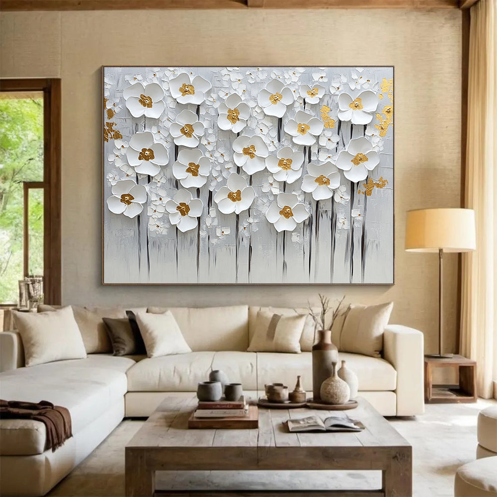 “Elegant White Flowers with Gold Centers” - White, gold, gray; 3D white flowers with gold centers on a gray - textured background; Mixed Media Painting On Canvas HB1199
