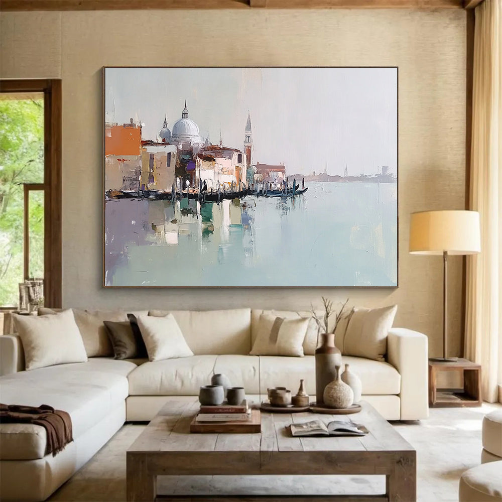 “Venice Impression Abstract” - Beige, Blue, Orange with Venice Scene - Painting On Canvas HB1403