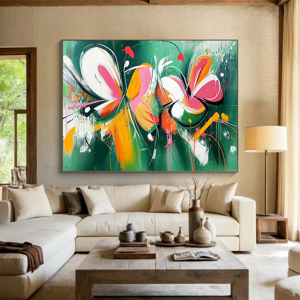 “Vibrant Floral Abstraction” - Green, Pink, Orange, Abstract Flowers Painting On Canvas HB0738