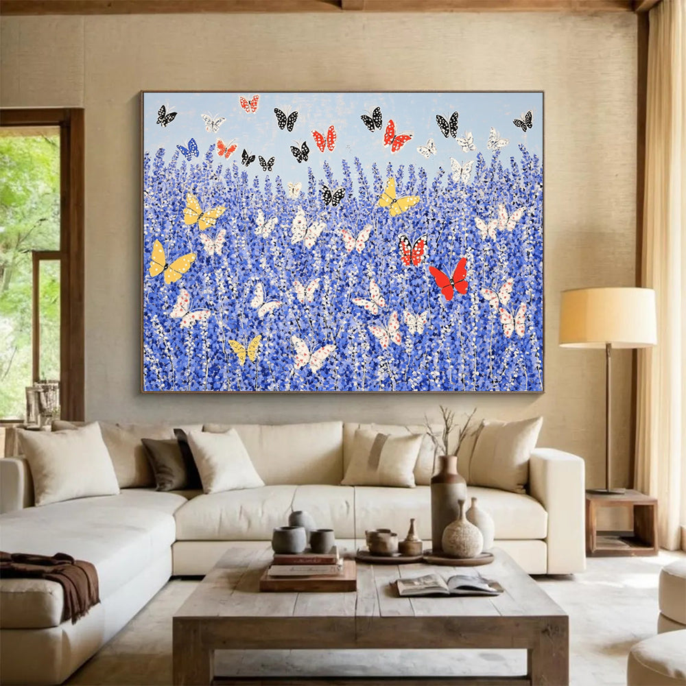“Butterflies in Blue Field” - Blue, Yellow, Red, Nature Scene with Butterflies - Acrylic Painting HB1654