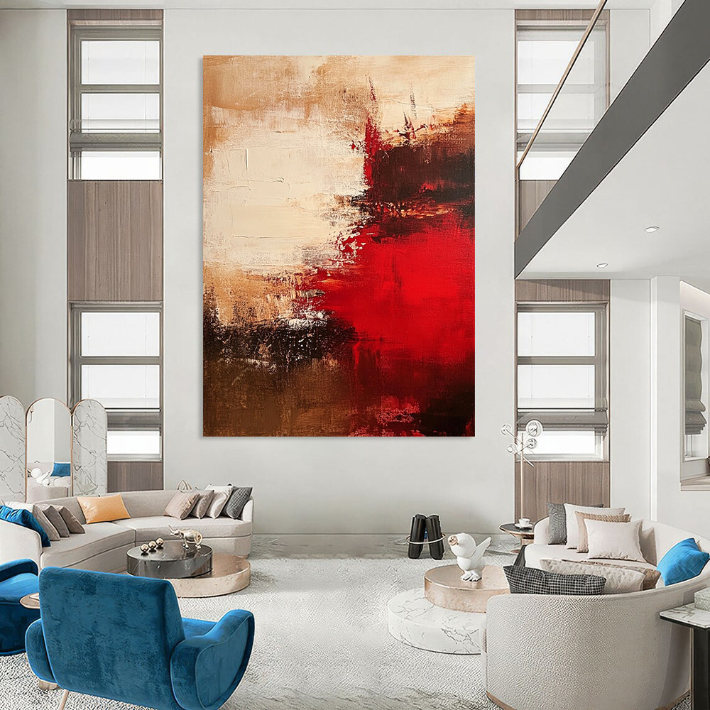 Contemporary hand-painted abstract art featuring rich red beige and brown tones ideal for modern decor. DLZ0764