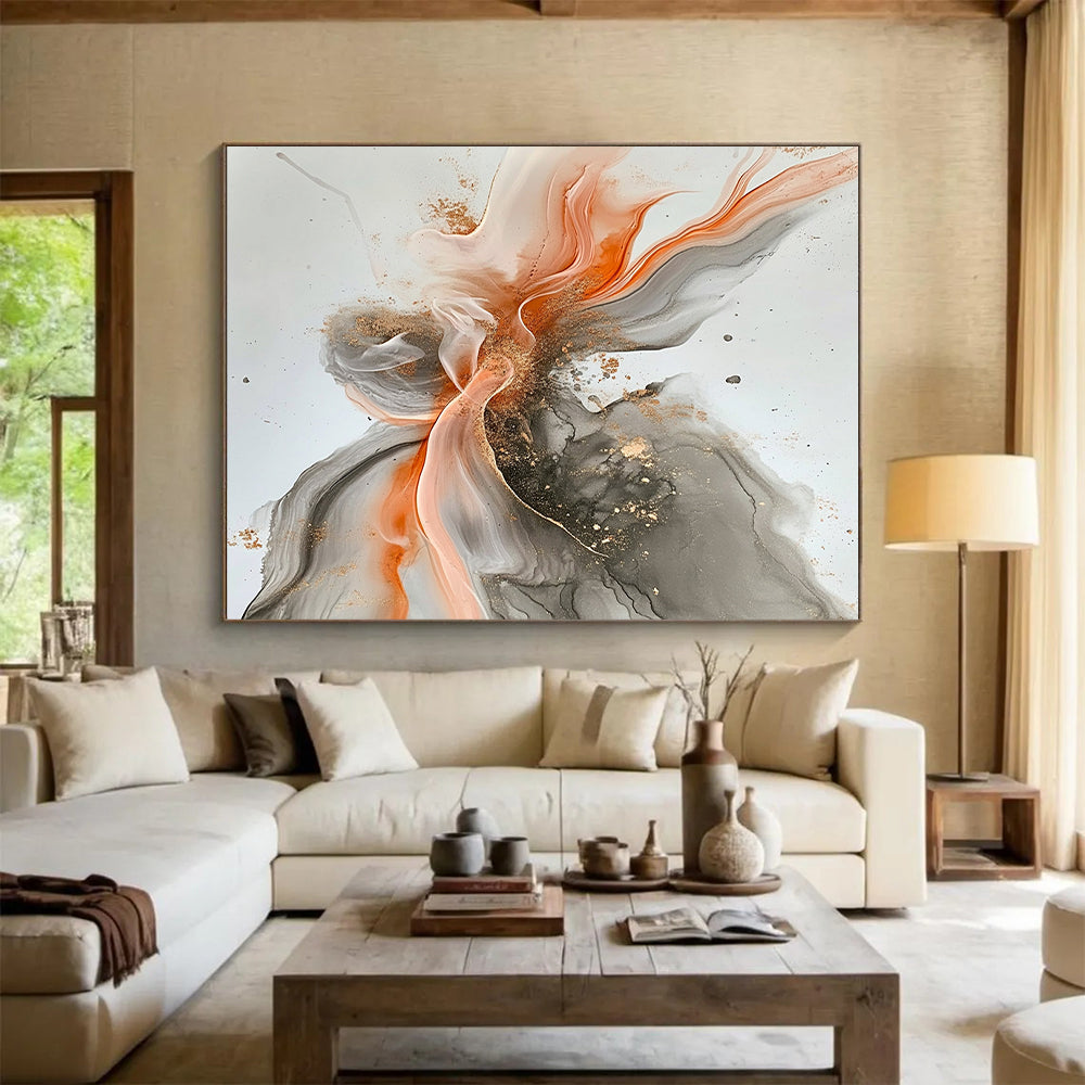 Gray, Orange, Gold, Flowing Shapes "Fiery Grace" Abstract Painting On Canvas HB034