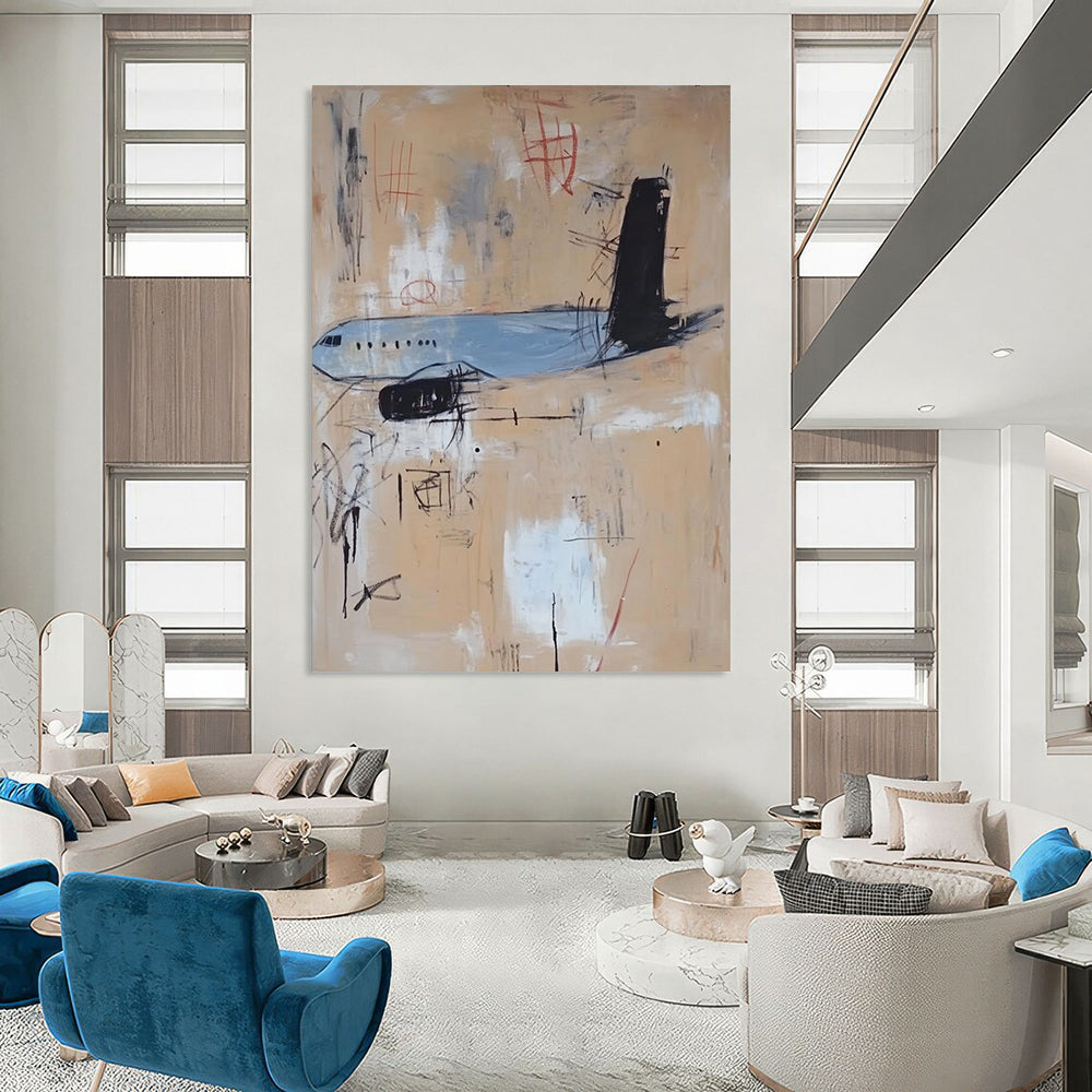 Contemporary hand-painted abstract artwork featuring an airplane with light blue beige and tan tones accented by black lines and minimalistic details. DLZ0571