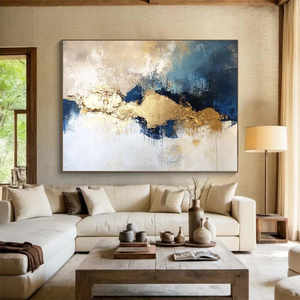 “Textured Gold - Blue - Gray Clouds” - Gold, Blue, Gray, White, Cloud - Like Shapes Painting On Canvas HB0823