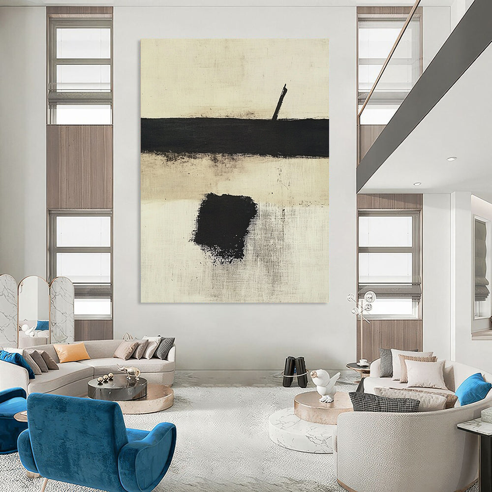 Contemporary hand-painted abstract art featuring a white background with bold black and beige hues and a striking central brush stroke. DLZ0424