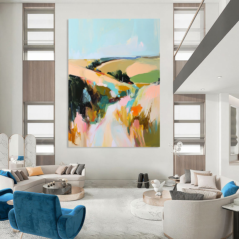 Contemporary abstract landscape painting featuring thick paint application and vibrant muted colors capturing rolling fields and hills under a serene sky. DLZ0455