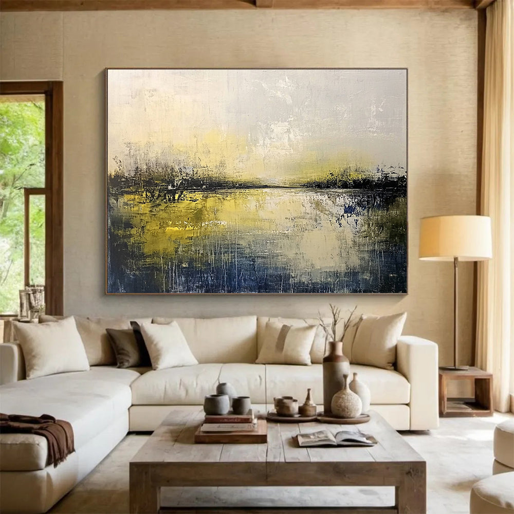 “Misty Yellow Lake” - Yellow, Gray, Hazy Sky and Reflective Water Painting On Canvas HB0939