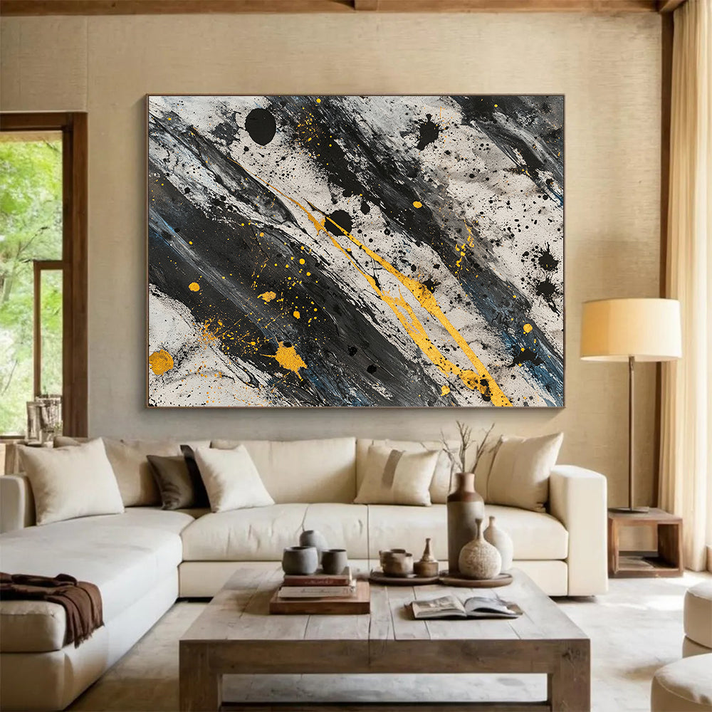 Black, White, Gray and Gold Splatter "Gilded Chaos" Painting On Canvas HB305