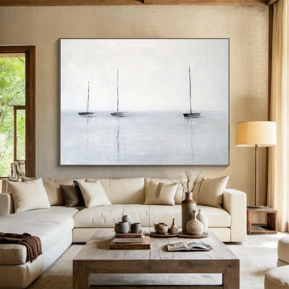 “Sailboats on Gray Water” - Gray, Black, Minimalist Sailboat Scene Painting On Canvas HB0959