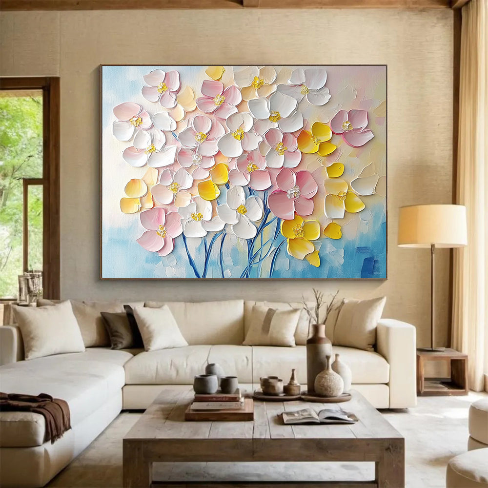“3D Floral Burst” - Soft pinks, whites, yellows, blues; Textured, raised flower blooms; Impasto Floral Painting On Canvas HB1156