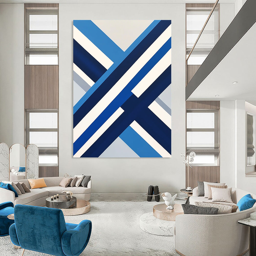 Contemporary abstract art featuring a blue and white Swedish flag in a flat view, inspired by David Hockney's style. DLZ1152