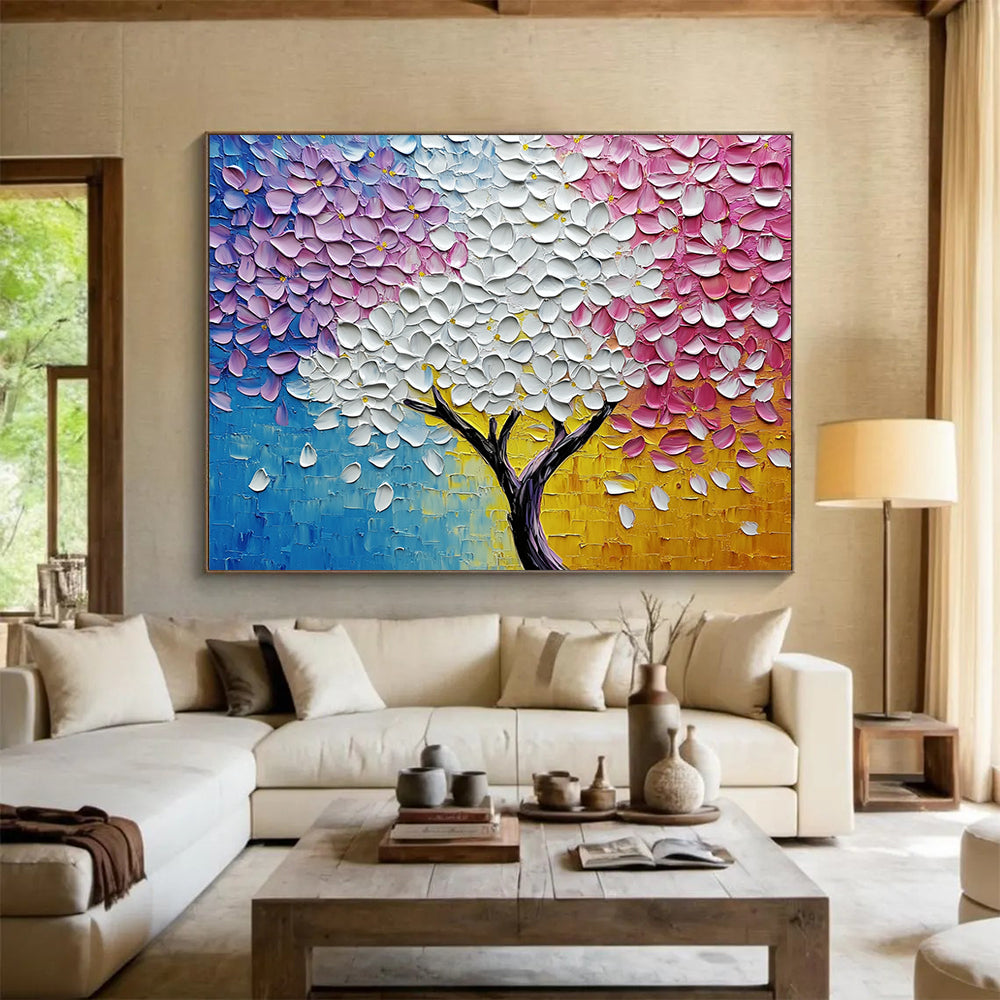 “Rainbow Blossom Tree” - Vivid blues, purples, whites, pinks, yellows; Textured flower tree; Impasto Landscape Painting On Canvas HB1161