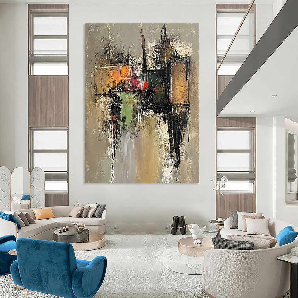Large contemporary hand-painted abstract artwork featuring an old village with muted colors and visible brushstrokes on a grayish-brown background. DLZ0960