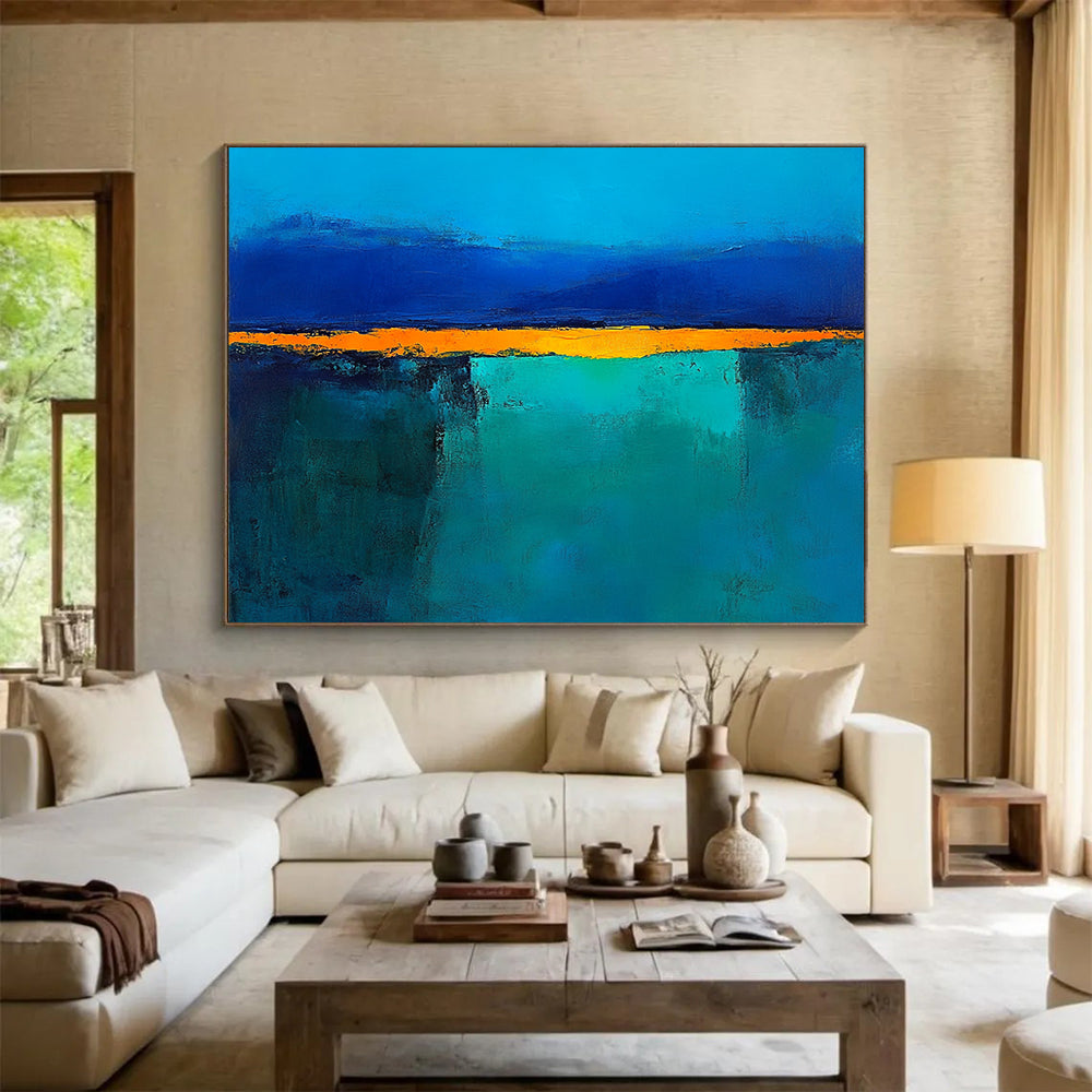 “Blue Orange Abstract Horizon” - Blue, Orange, Teal, Yellow, Horizontal Forms - Painting On Canvas HB1424