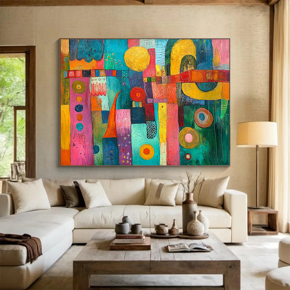 “Vibrant Colorful Mosaic” - Pink, Blue, Yellow, Mixed Patterns - Folk - Inspired Acrylic Painting HB1521