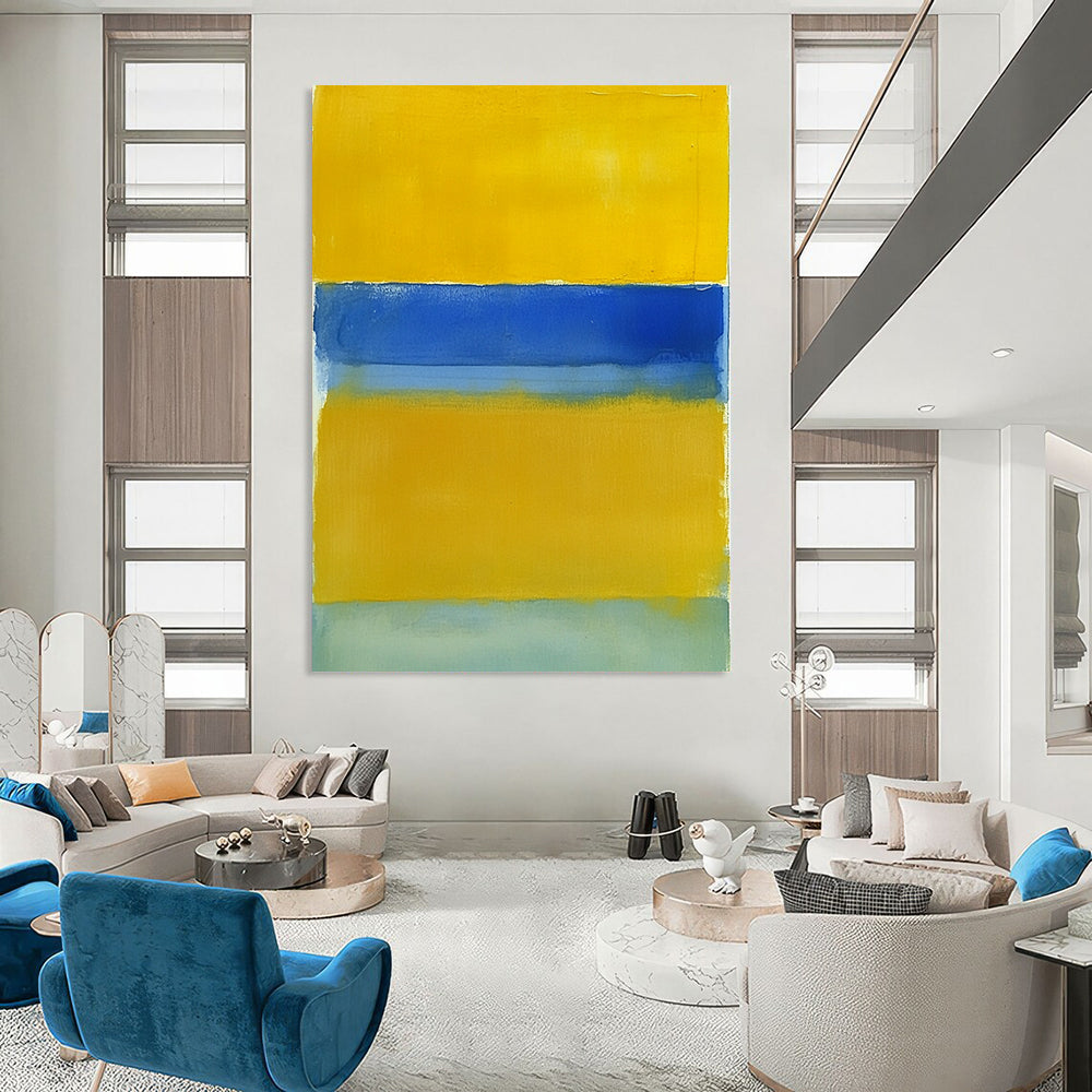Large contemporary hand-painted abstract art featuring a vibrant yellow field framed by a deep blue border and light green bottom. DLZ1526