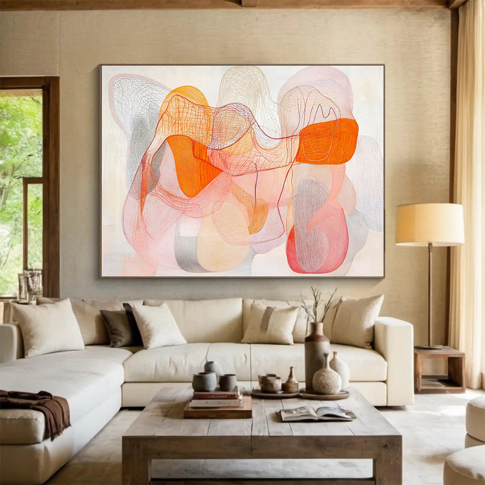 “Colorful Mesh Abstract” - Orange, Pink, Gray with Interwoven Lines - Painting On Canvas HB1367