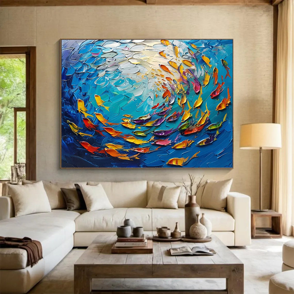 Textured Ocean Fish School - Coastal Living Room or Bathroom Art DLZ199