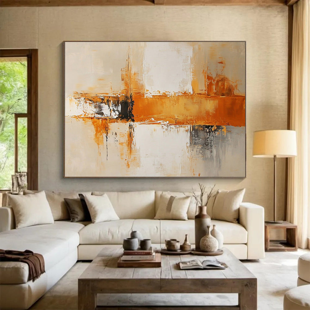 “Dynamic Orange and Gray Abstract Composition” - Orange, gray, white; Abstract dynamic brushstrokes and blocks; Acrylic Painting On Canvas HB1228