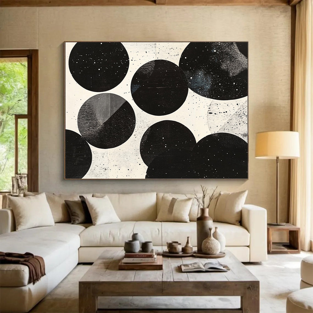 Black, White, Spotted Circles "Cosmic Sphere Dots" Abstract Minimalist Painting On Canvas HB179