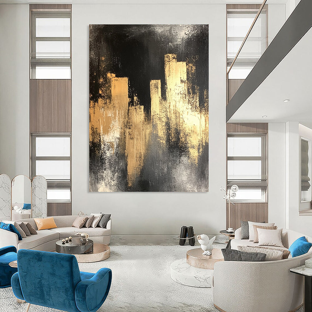 Contemporary hand-painted abstract art featuring a black silhouette of city lights with gold and silver hues on a distressed dark grey background. DLZ0901