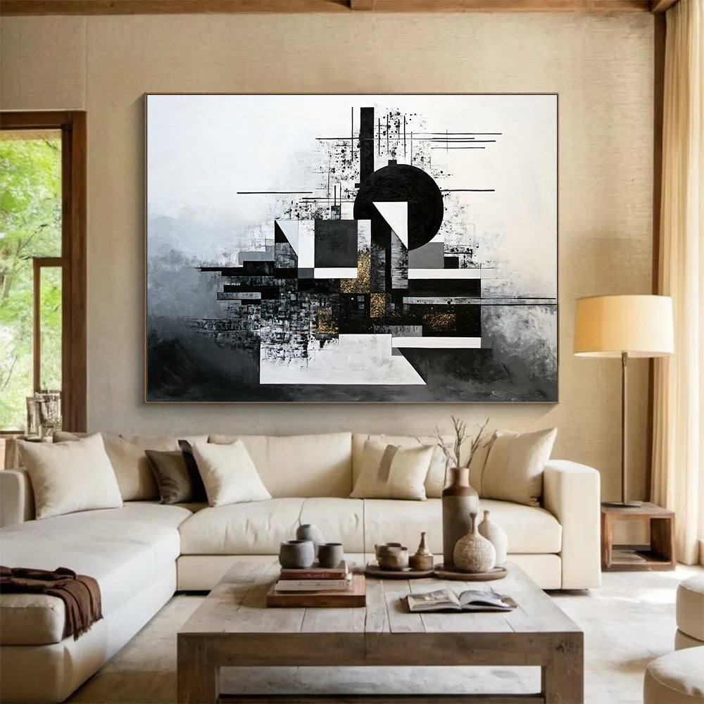 Black, White, Gray and Gold Geometric Abstraction "Gilded Geometry" Painting On Canvas HB318