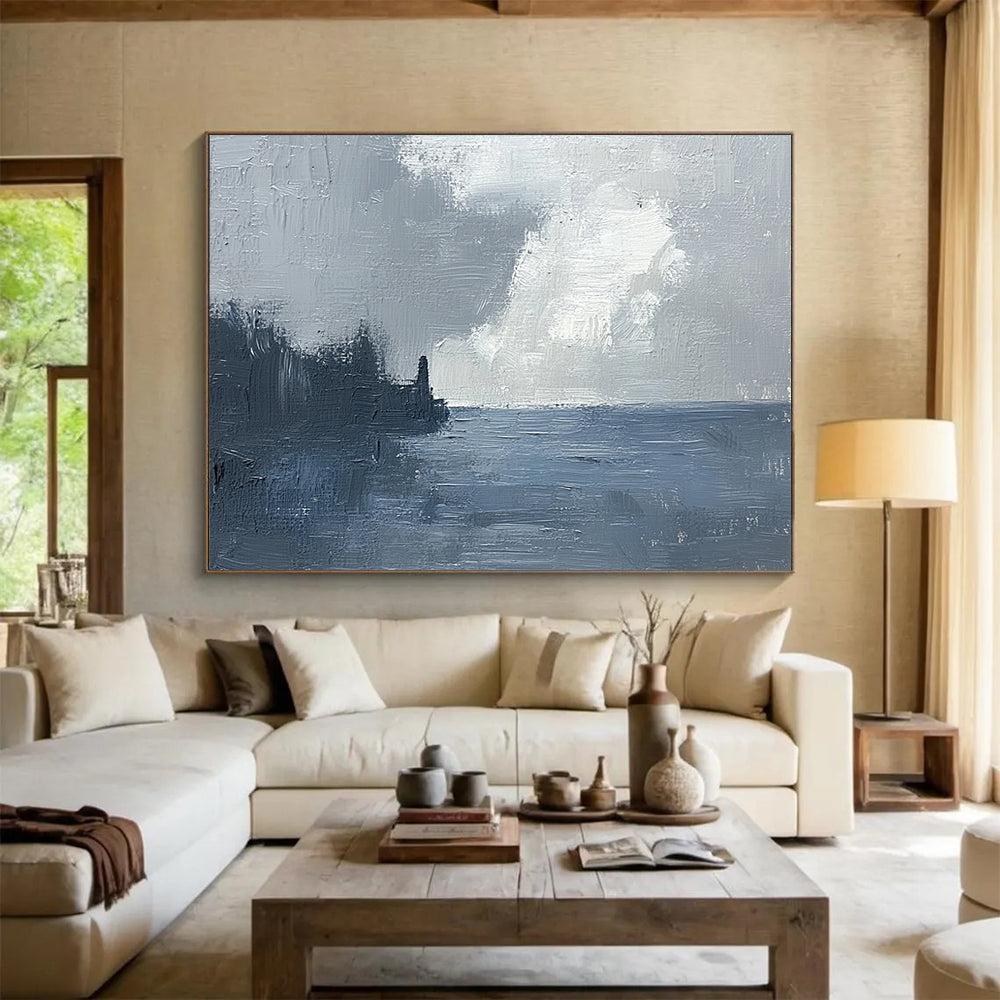 “Coastal Mist” - Muted grays, whites, deep blues; Stormy sky, sea, dark coastline; Atmospheric Seascape Painting On Canvas HB1148