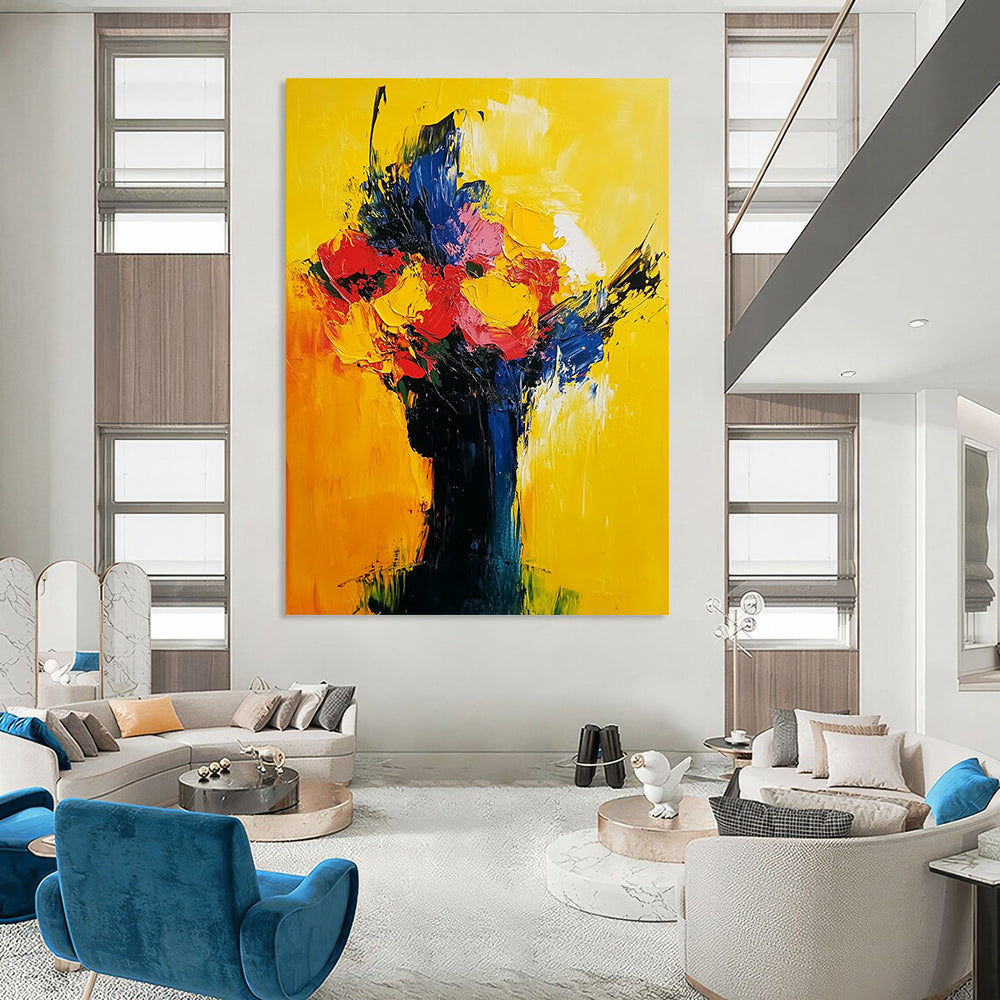 Contemporary abstract painting in vibrant yellow red and blue showcasing expressive flowers and a sunrise with visible brush strokes on oil canvas. DLZ0542