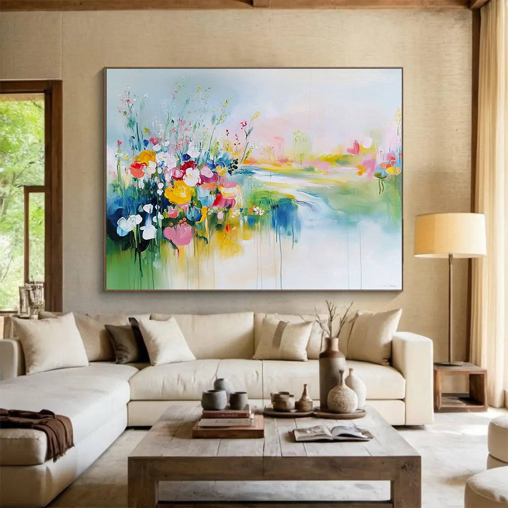 Colorful Flower Field by the River - Dreamy Abstract Landscape Painting On Canvas HB0433