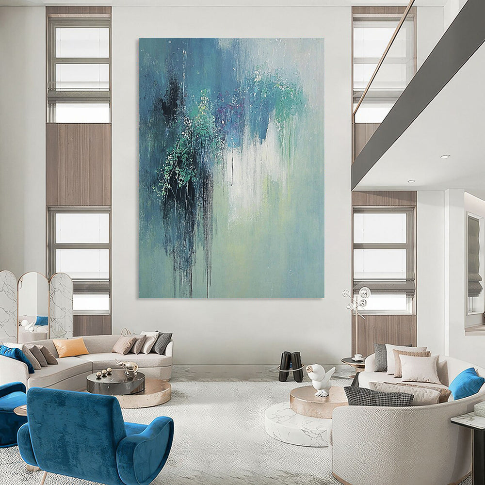Large contemporary hand-painted abstract artwork featuring gentle hues of green and blue with elegant willow reflections and a serene, dreamy atmosphere. DLZ1179