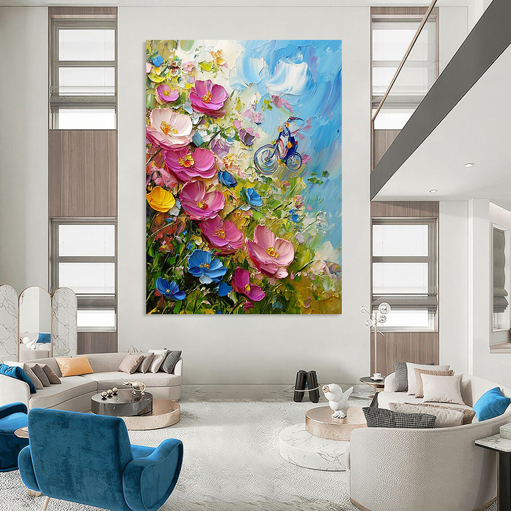 Contemporary hand-painted abstract art features vibrant pink and blue wildflowers, created using a palette knife in an expressive Impressionist style. DLZ1259
