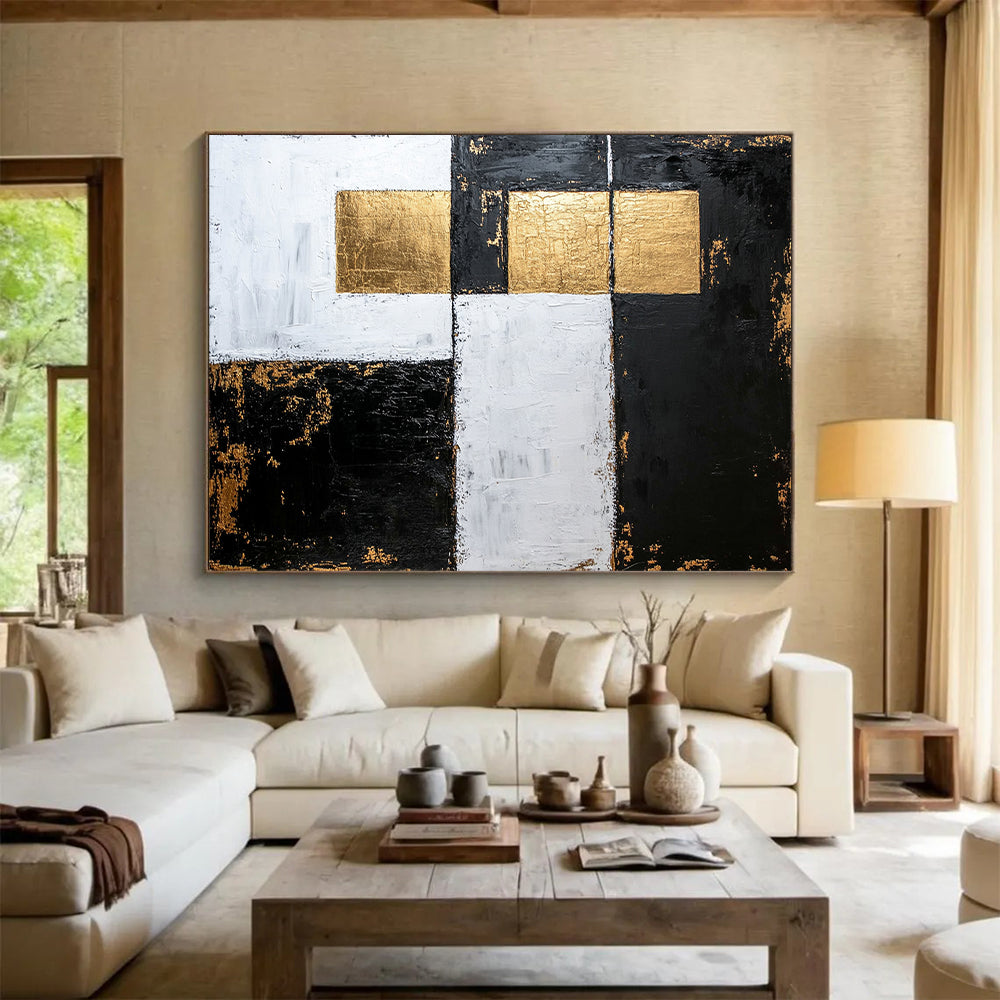 Black, White, Gold, Patchwork Squares "Gilded Fragmented Squares" Abstract Modernist Painting On Canvas HB158