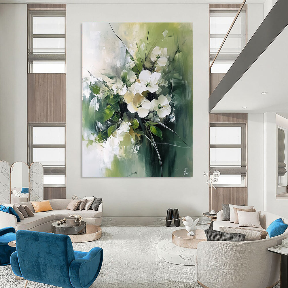 Contemporary abstract painting features white flowers and green leaves with a luminous palette and blurred edges on a neutral green background. DLZ0670