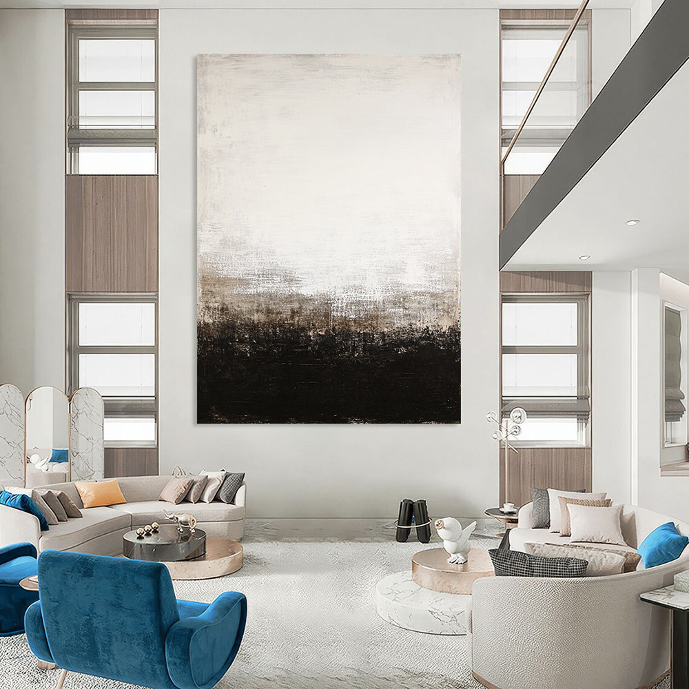 Large contemporary abstract painting features a black and white color scheme with a white-to-beige gradient and dark brown base evocative of Whistler and Rothko. DLZ0544