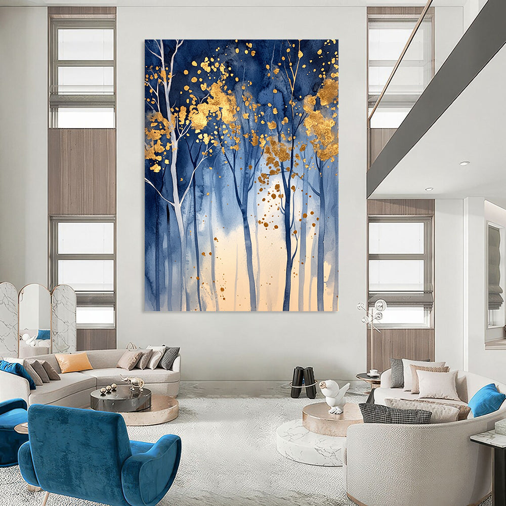 Contemporary hand-painted abstract artwork featuring an enchanted blue forest with golden leaf accents and soft lighting that evokes tranquility and magic. DLZ0326