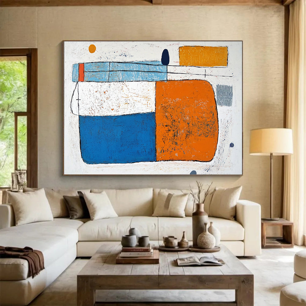 “Colorful Geometric Abstract” - Blue, orange, white, gray, yellow; Colorful geometric abstract shapes; Acrylic Painting On Canvas HB1255