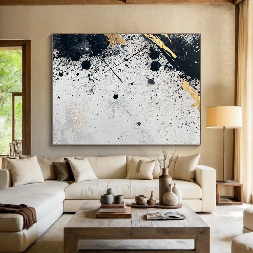 Gray, Black, Gold, Splattered Patterns "Industrial Luxe" Abstract Painting On Canvas HB037