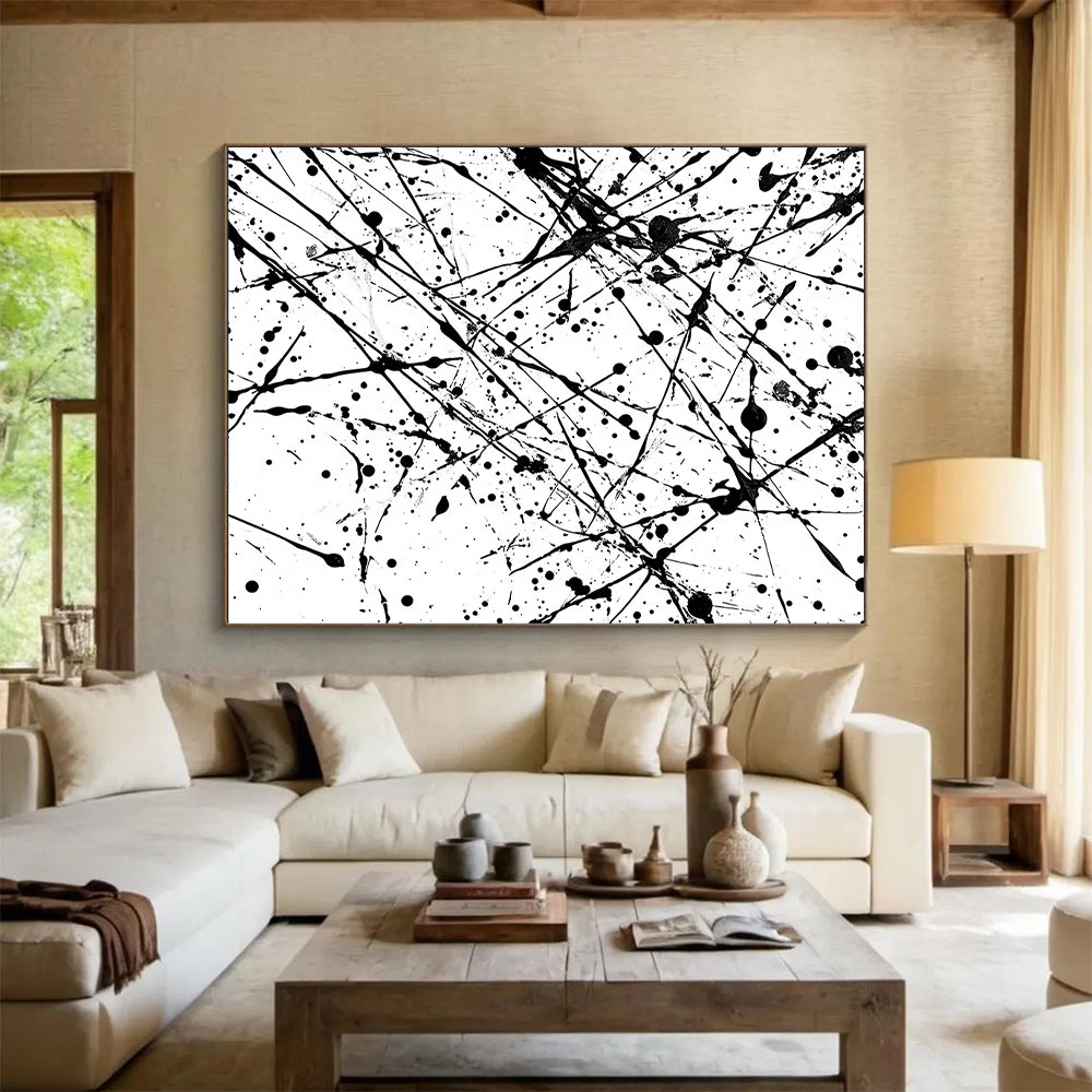 Black and White Splattered Lines "Chaotic Energy" Painting On Canvas HB251