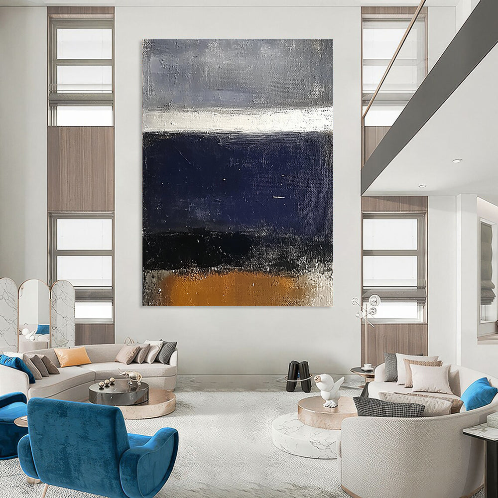 Contemporary hand-painted abstract art featuring a dark blue sea and grey sky with white and brown accents on a textured surface. DLZ0452