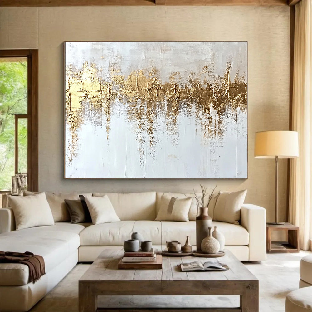 “Gold - Textured White Abstract” - White, Gold, Textured Abstract Layers Painting On Canvas HB0884