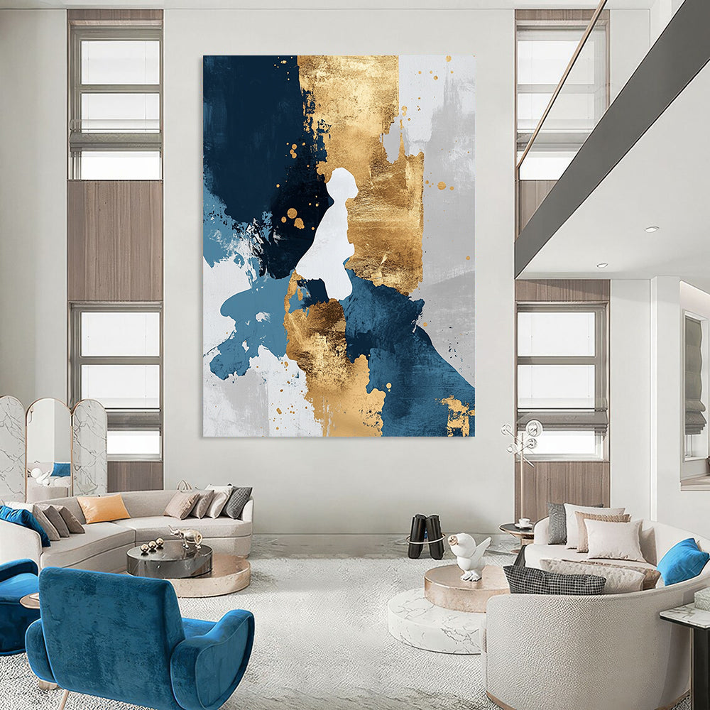 Contemporary hand-painted abstract artwork featuring gold blue and white tones with golden foil details in a minimalist modern style. DLZ0269