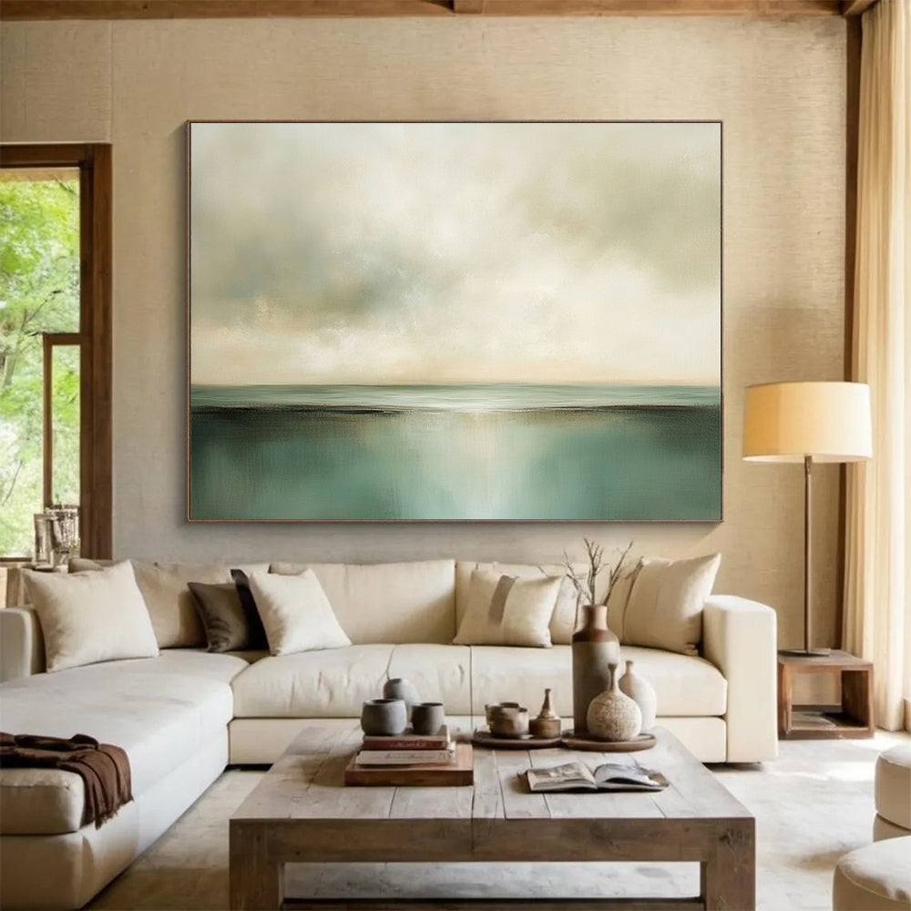 “Soft Green Horizon” - Green, Beige, Calm Sky and Water Painting On Canvas HB0930