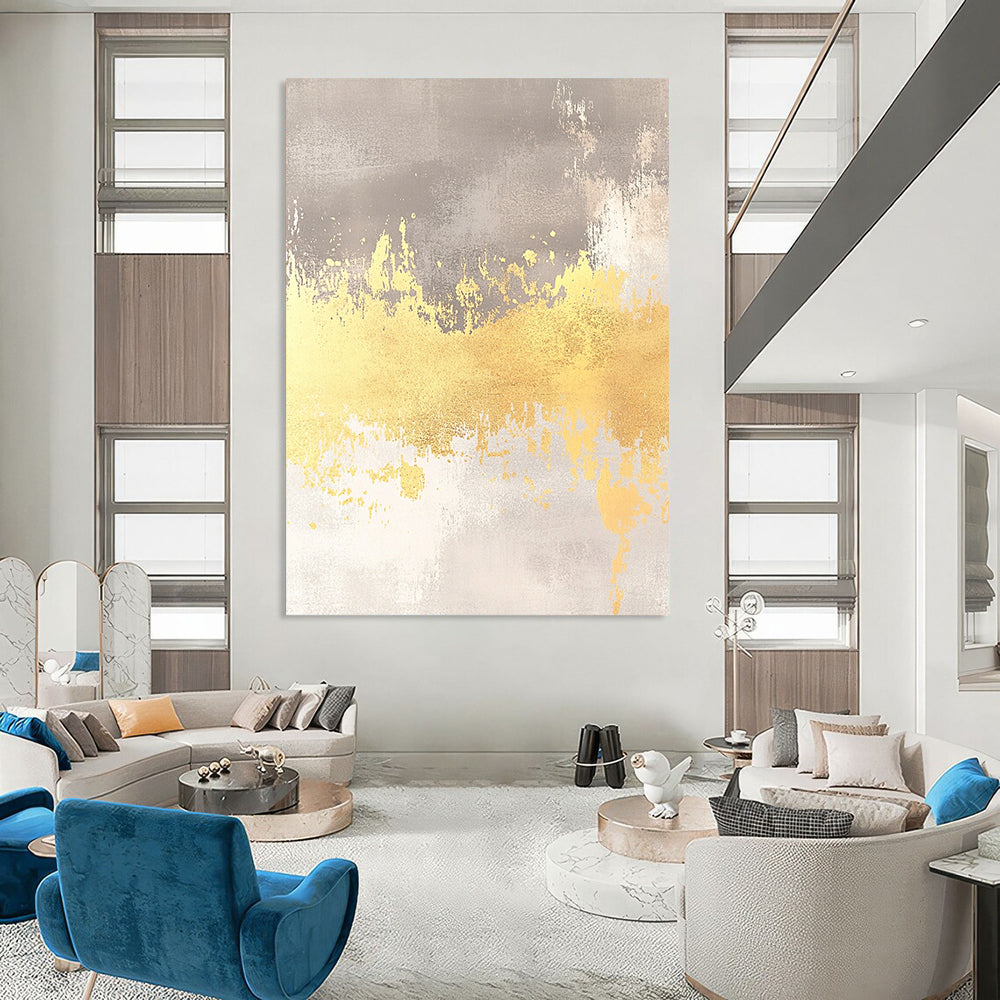 Ethereal contemporary abstract artwork features a soft gray background with yellow accents and gold foil, perfect for a dreamy wedding card backdrop. DLZ1471